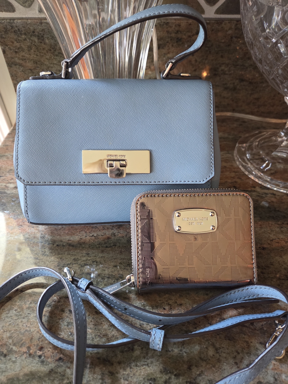 Michael Kors Light Blue Saffiano Mini Satchel With Silver Wallett